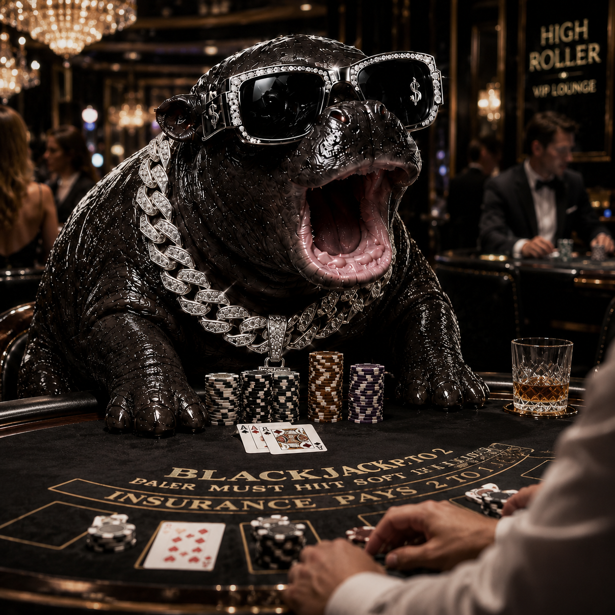 Tinylarp sitting at a blackjack table in a luxury casino with stacks of chips and a whisky glass