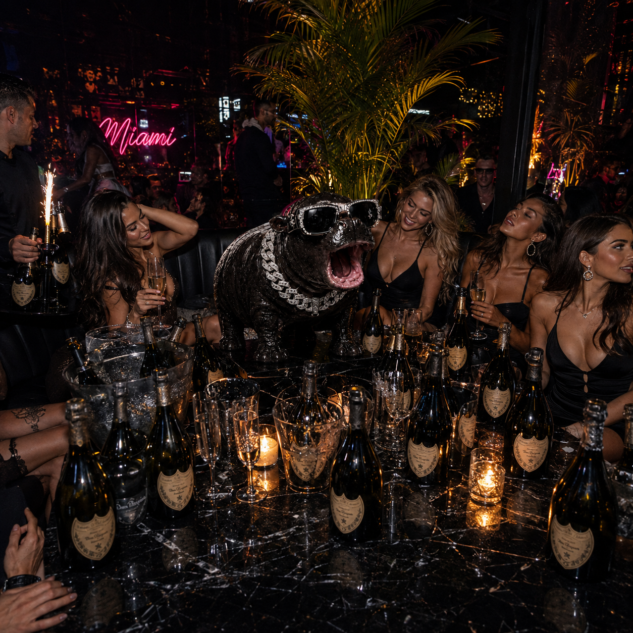 Tinylarp in a Miami nightclub booth surrounded by champagne bottles and partygoers under a pink neon Miami sign