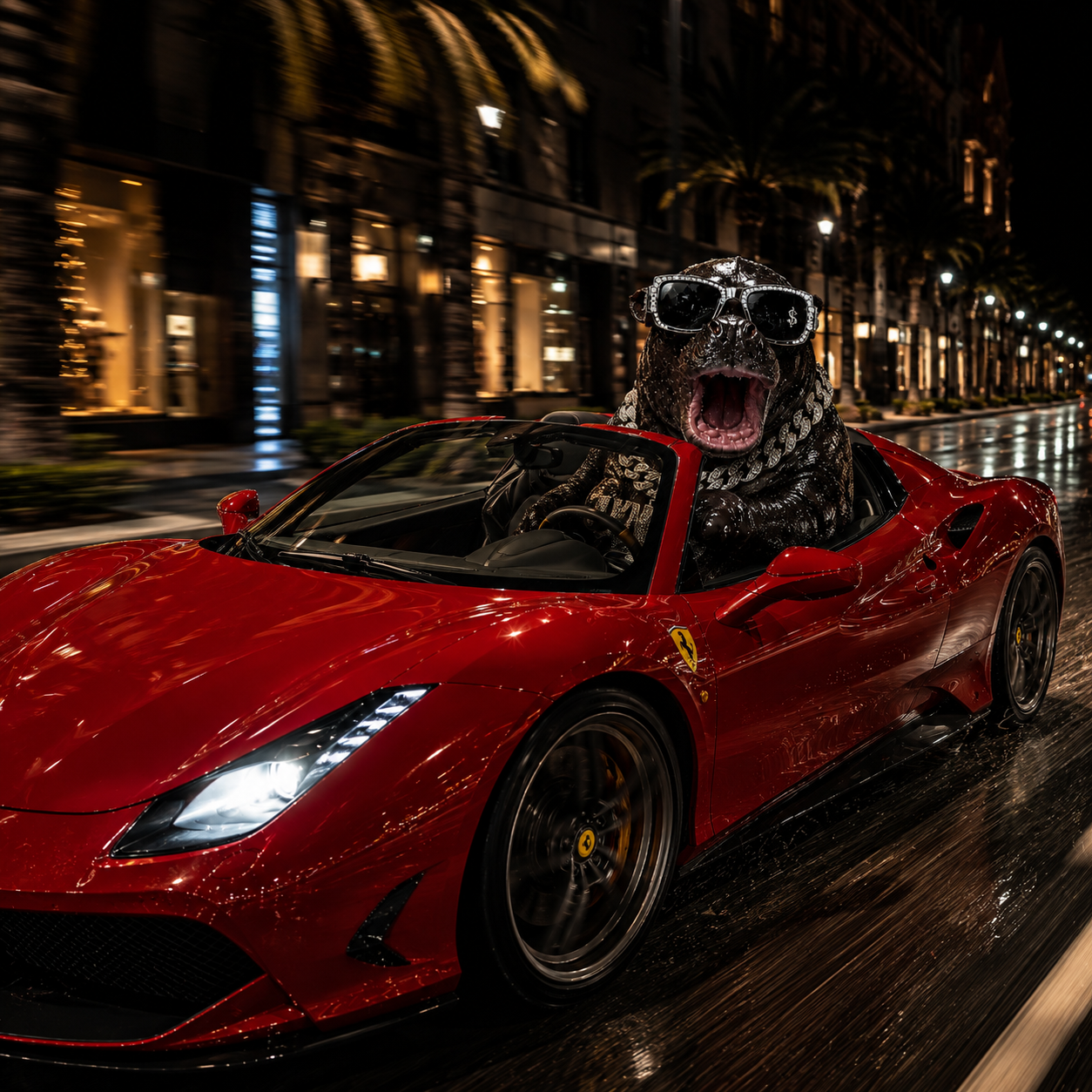 Tinylarp the iced-out hippo driving a red Ferrari convertible down a wet Miami street at night