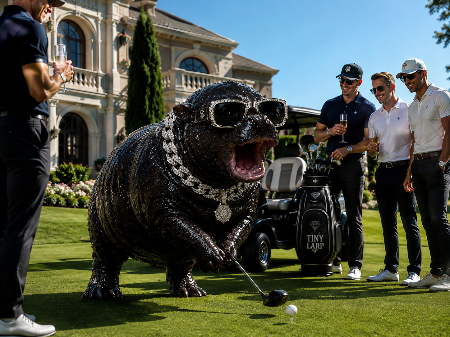 Tinylarp teeing off on a golf course with a TINYLARP branded golf bag while men in polos watch
