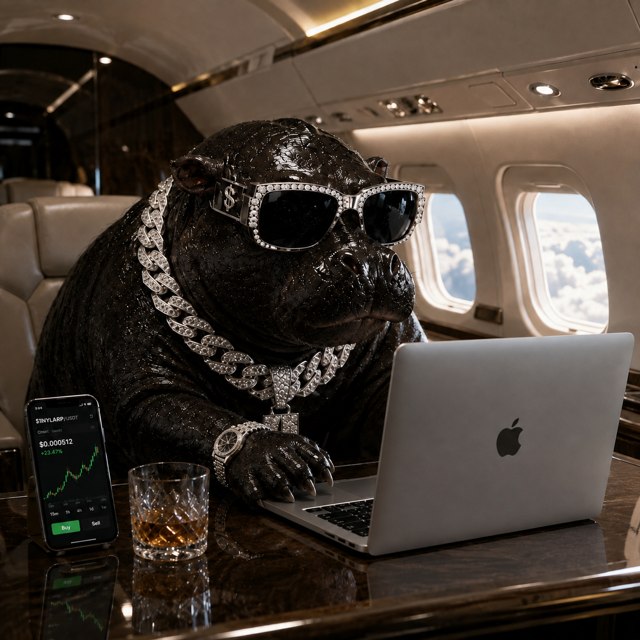 Tinylarp on a private jet with a laptop and a phone showing the TINYLARP chart up 23 percent
