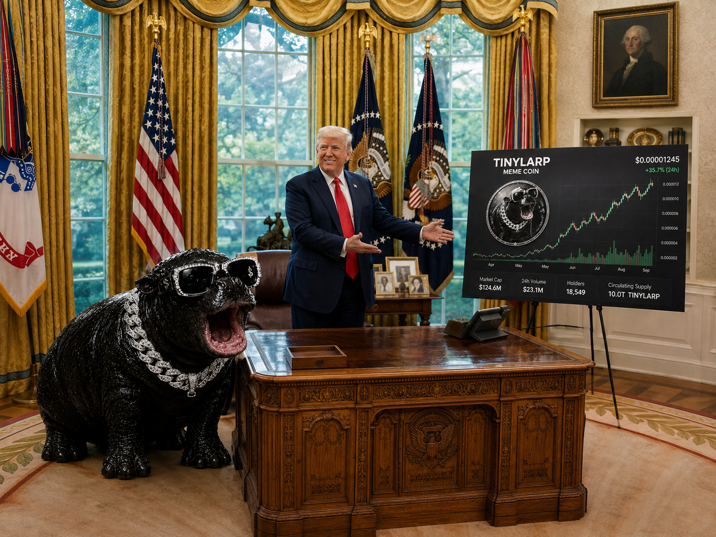 Tinylarp standing in the Oval Office next to a presentation board showing the TINYLARP price chart