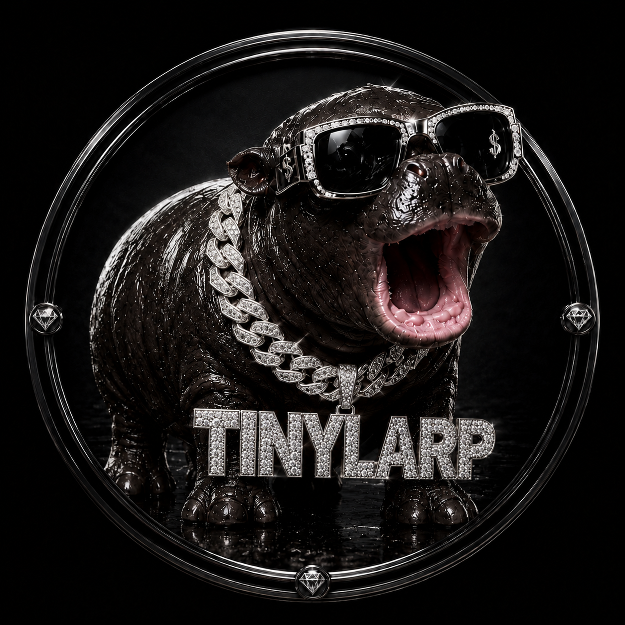 Tinylarp: a pygmy hippo wearing diamond sunglasses and an iced-out TINYLARP chain, inside a chrome coin badge